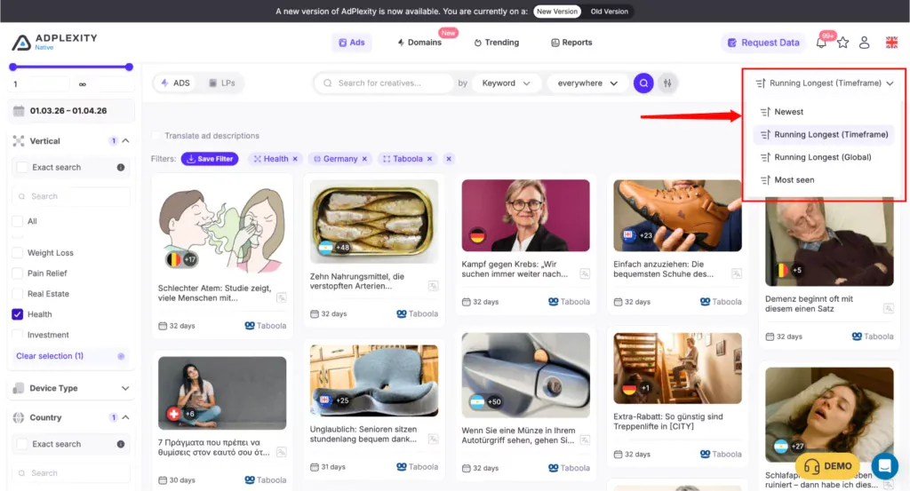 AdPlexity Native AI vertical filter dropdown showing niche categories for native ad research