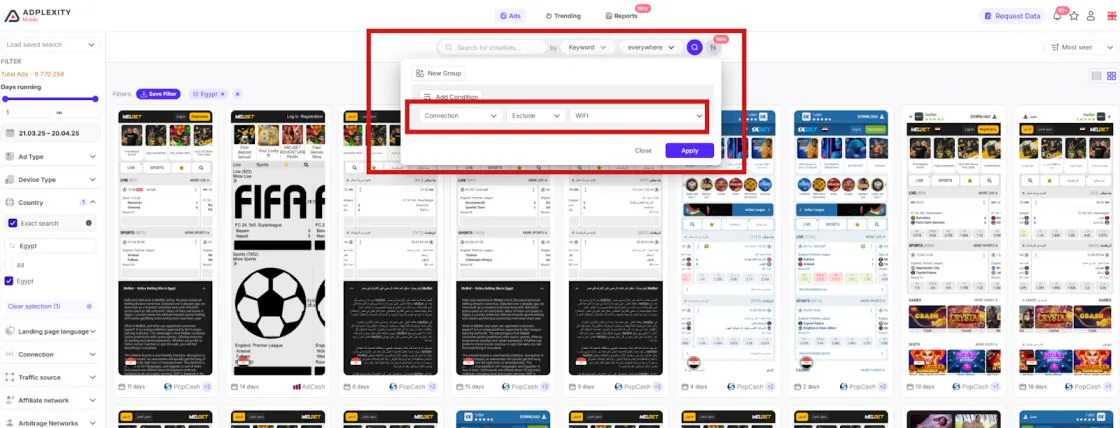 how to exclude all ads that contain Wi-Fi traffic